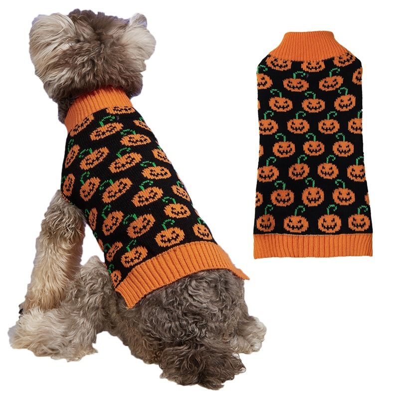 Pet Halloween Multi-Pumpkin Smiley Face Knitted Sweater For Small Puppies Teddy Bichon Pomeranian Cats And Dogs Apparel_voghion.com