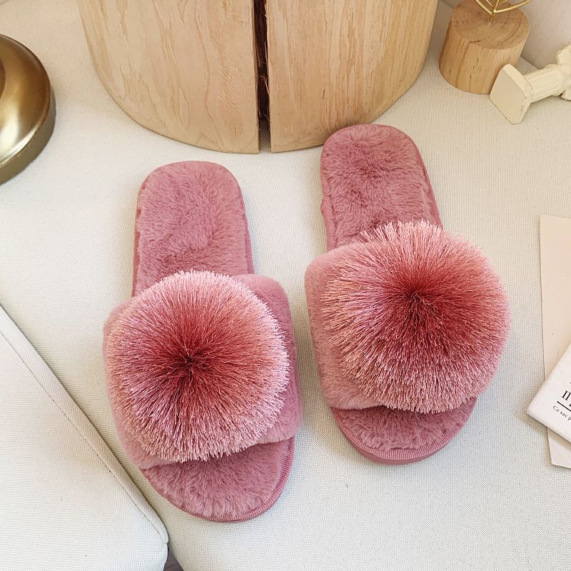 Pelzig mit Pompons, Ein-Wort für Frauen, Plüsch-Hausschuhe für den Innenbereich in Übergröße, Hausschuhe aus Baumwolle mit offenen Zehen_voghion.com