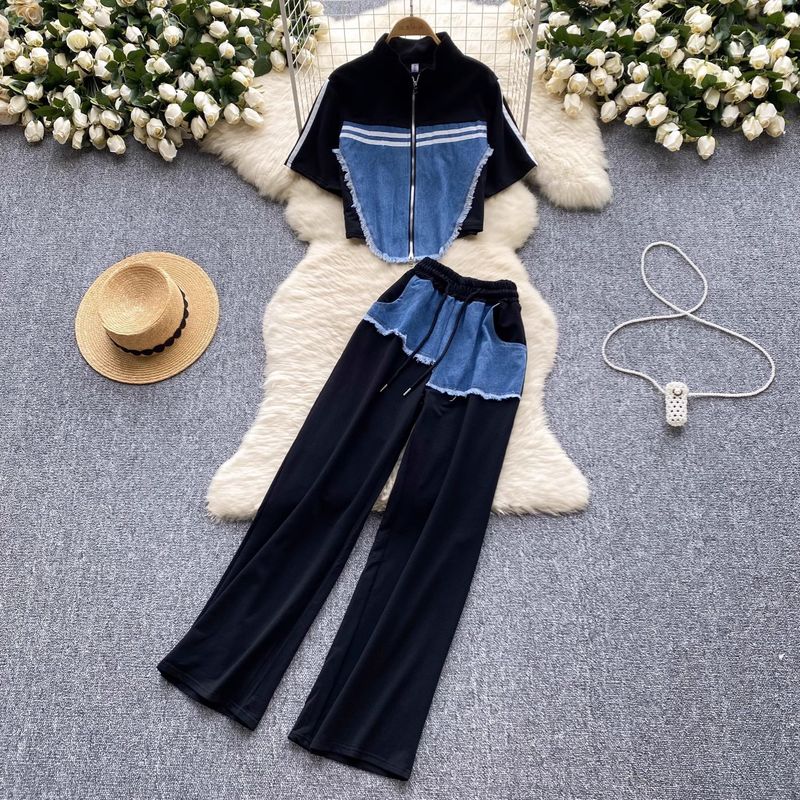 Abbigliamento da donna, completo in denim patchwork effetto used per donna, camicia a maniche corte con cerniera e collo alto + pantaloni a vita alta e gamba larga_voghion.com