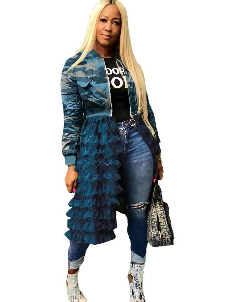 Women's Clothing Camouflage Print Zipper Mesh Splicing Jacket_voghion.com