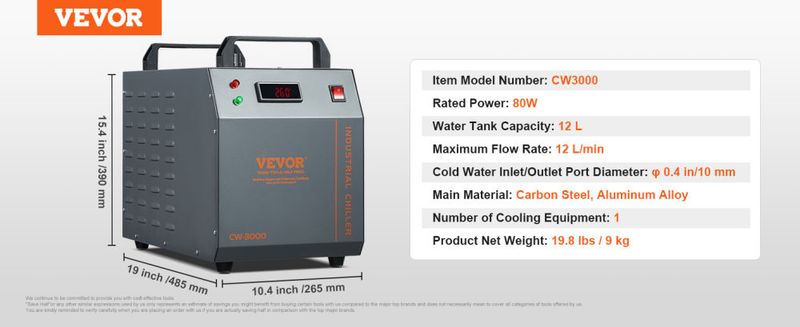 Industrial Water Chiller, CW-3000, 80W Air-Cooled Industrial Water Cooler Cooling System with 12 L Water Tank Capacity 12 L/min Maximum Flow Rate, for_voghion.com