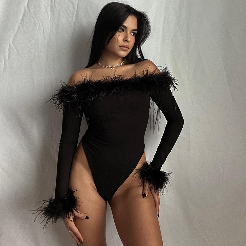 Combinaisons à manches longues en fourrure pour femmes, asymétrique épaule dénudée, hauts à manches longues pour filles, femmes_voghion.com