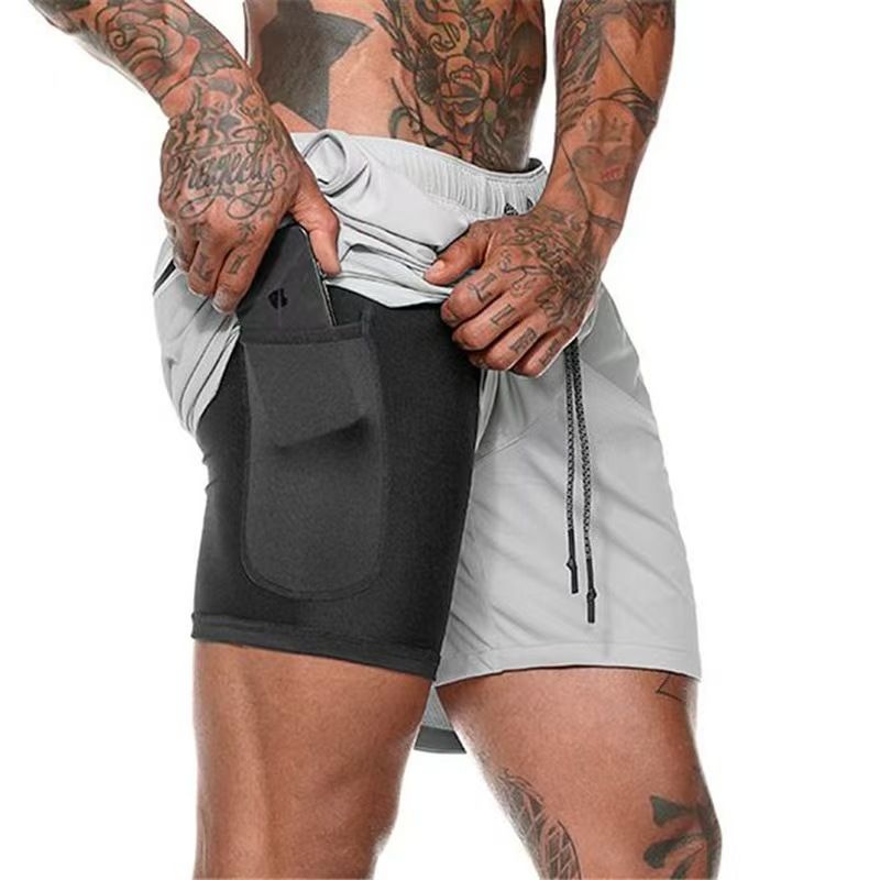 New Summer Double-layer Quick Drying Breathable Men's For Muscle Fitness, Running, Straight Leg Five Quarter Shorts_voghion.com