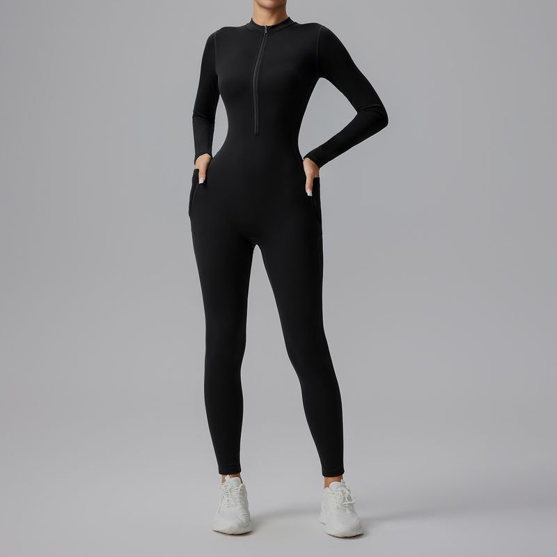 LazyZoom Half-Zip Yoga Jumpsuit Bare Sensation Slim Fit Slimming Dance Fitness One-Piece Sportswear_voghion.com
