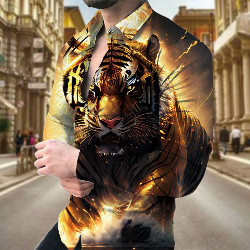 Camicia a maniche lunghe con risvolto stampato da uomo, nuova primavera casual 2023_voghion.com