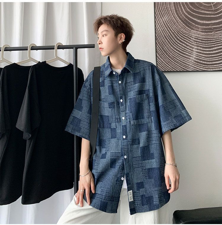 Camicia in denim a maniche corte a quadri estivi da uomo, alla moda, coordinata, alla moda, retrò, lavata._voghion.com