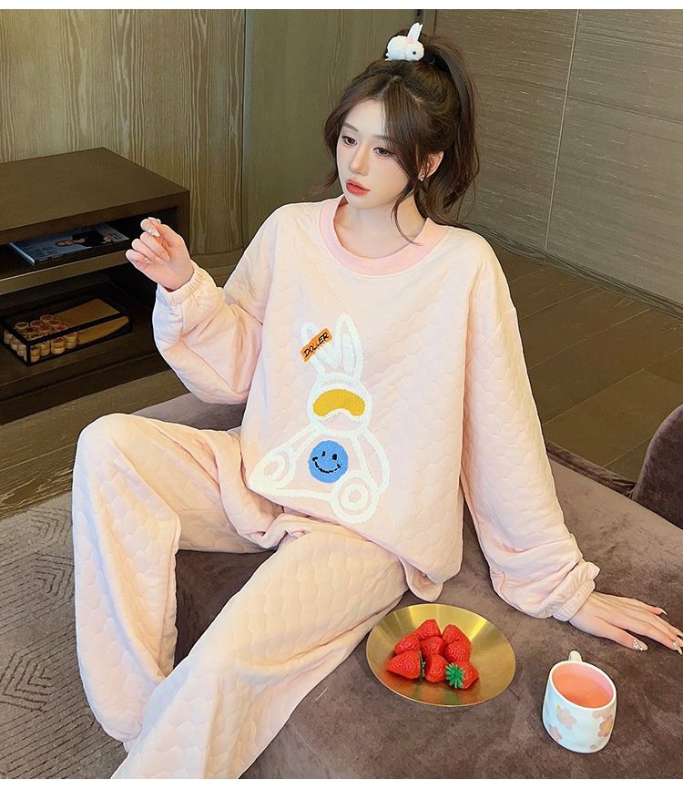 cotton sandwich pajamas women, sweet cartoon long sleeved pants autumn and winter, plus size 230 pounds home_voghion.com