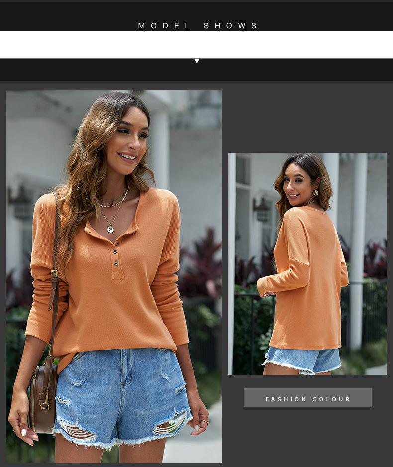 Women's Clothing Long-sleeved Knitted Sweater Bottoming Top Autumn and Winter New Round Neck Slim Button Waffle Bottoming Shirt_voghion.com