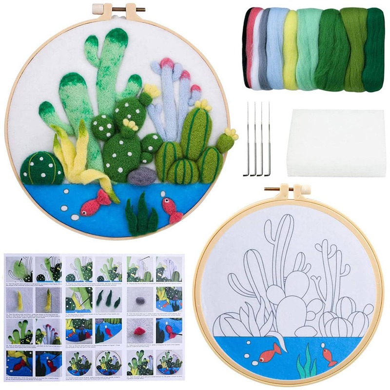 RUOPOTY Klassisk uldmaling Vandkaktus Håndlavet broderiramme Filtnålesæt Vægkunstgave_voghion.com