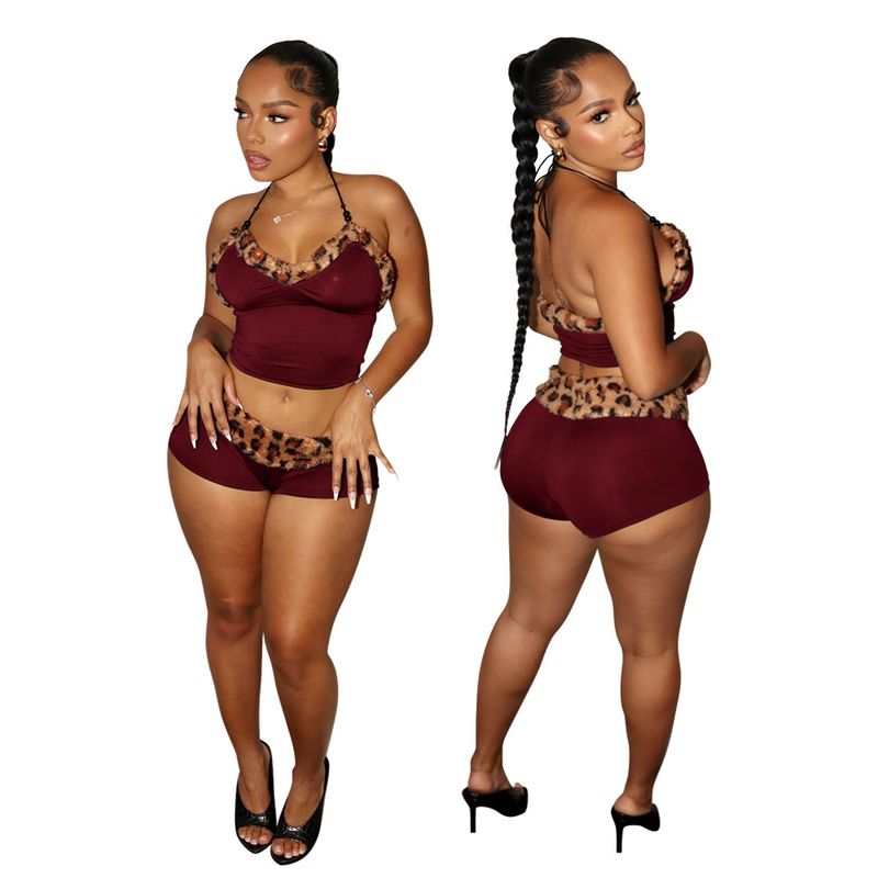 Leopard Print Two-Piece Set Women's Sexy Tie-Front Crop Top & Mini Skirt_voghion.com