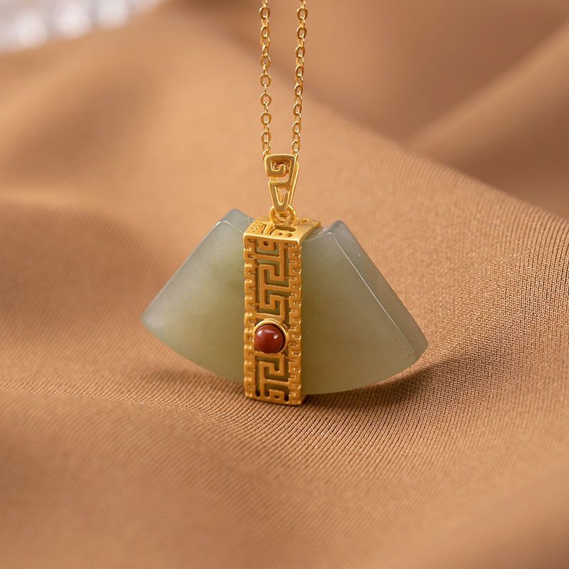 3D-vergoldete, hochwertige, natürliche, blaue Jade-Halskette in Fächerform für Damen mit Anhänger und Kette_voghion.com