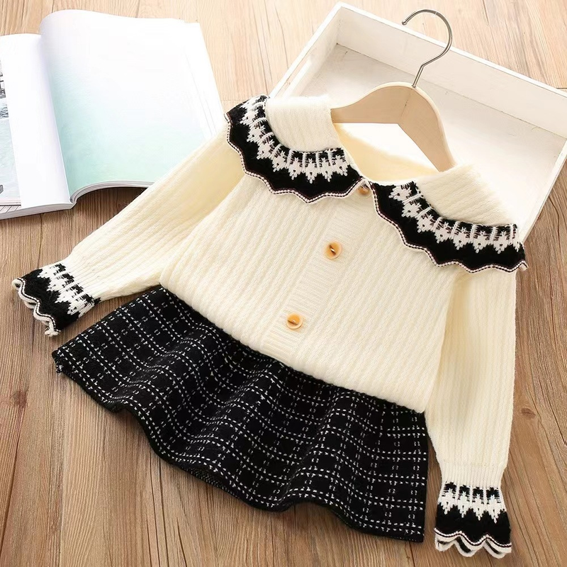 Ensemble tricoté pour filles, jupe, trésor, Style collège, pull, Cardigan, ensemble deux pièces_voghion.com