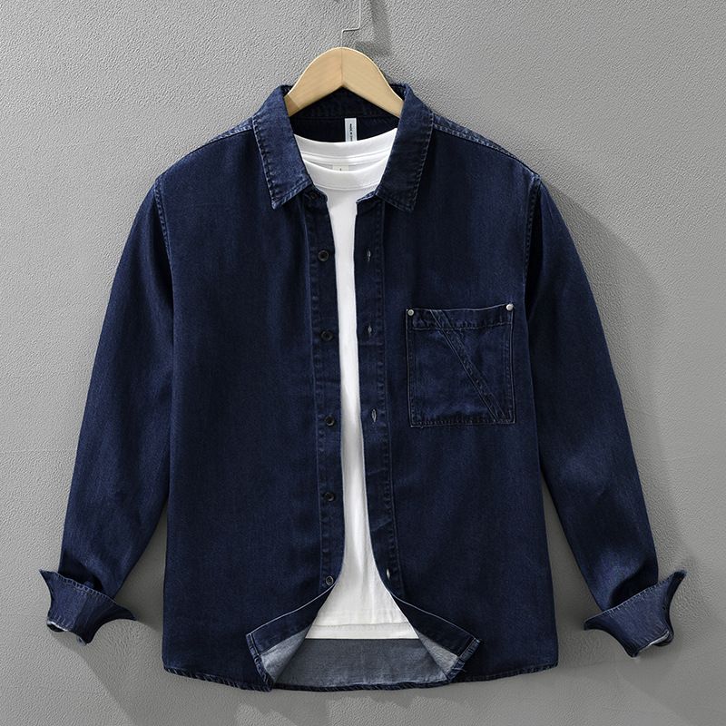Camicia a maniche lunghe in denim retrò da uomo, alla moda e versatile, top ampio e casual._voghion.com
