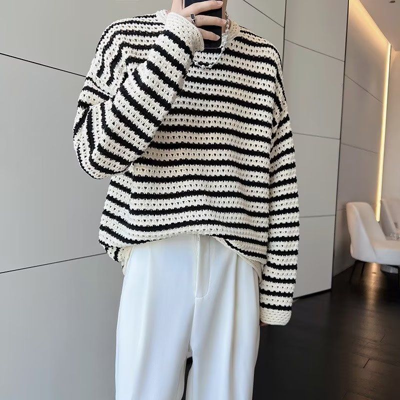 Herbstlicher, ausgehöhlter Strickpullover mit Farbblock und Streifen für Männer, koreanischer Lazy Style, Internet-Berühmtheit, High-End-Basishemd_voghion.com