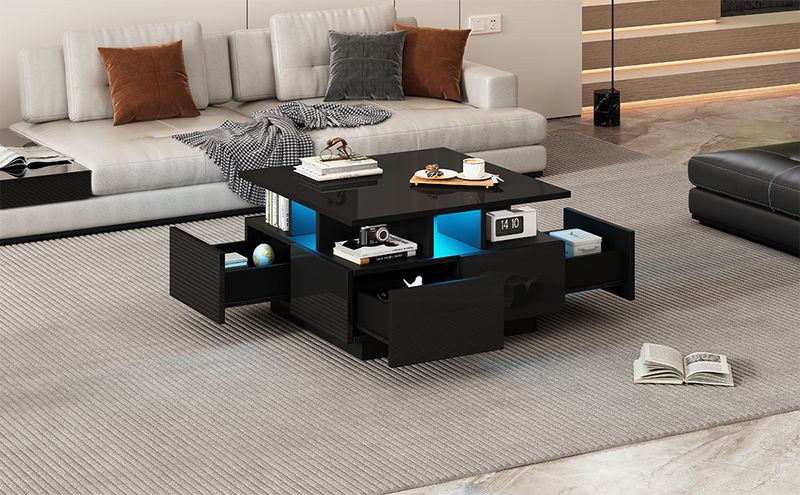 Table basse de salon noire brillante 70 x 70 x 40 cm avec éclairage LED, table d'appoint à 4 tiroirs, design géométrique, capacité de charge de 30 kg._voghion.com