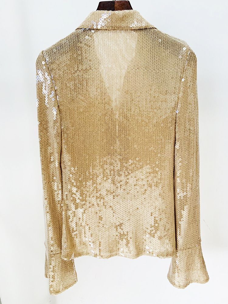 Ropa de mujer, moda estrella, mangas trompeta divididas, camisa de malla con cuentas y lentejuelas transparentes, pantalones acampanados_voghion.com