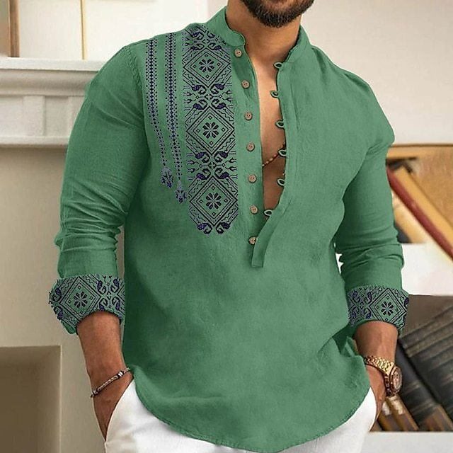 Abbigliamento da uomo Camicia da uomo stampata casual estiva con colletto a maniche lunghe in tinta unita estiva_voghion.com