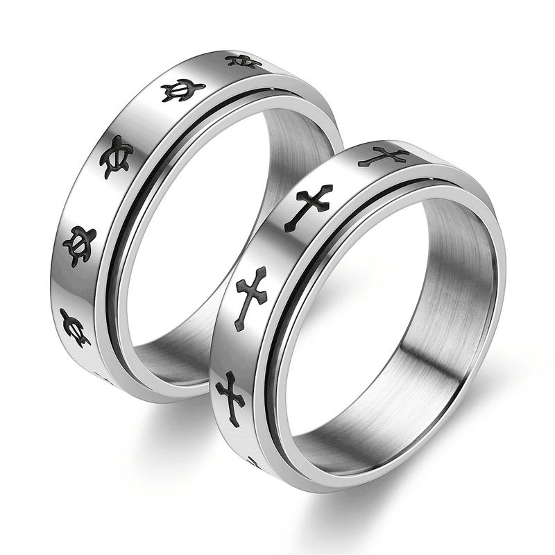 Ready Stock Anti Stress Rotierende Paar Ringe für Liebhaber Schildkröte und Kreuz Edelstahl Fidget Spinning Angst Ring Anillo_voghion.com