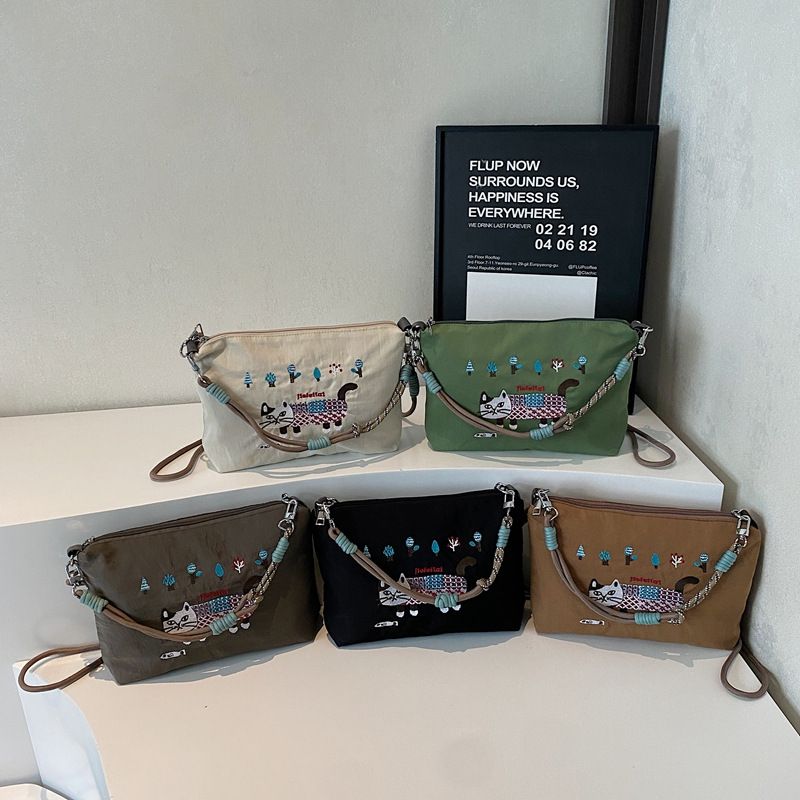 Borsa a tracolla impermeabile con ricamo a forma di gatto, grande capacità, in nylon, per la spesa, primavera ed estate, per donna_voghion.com