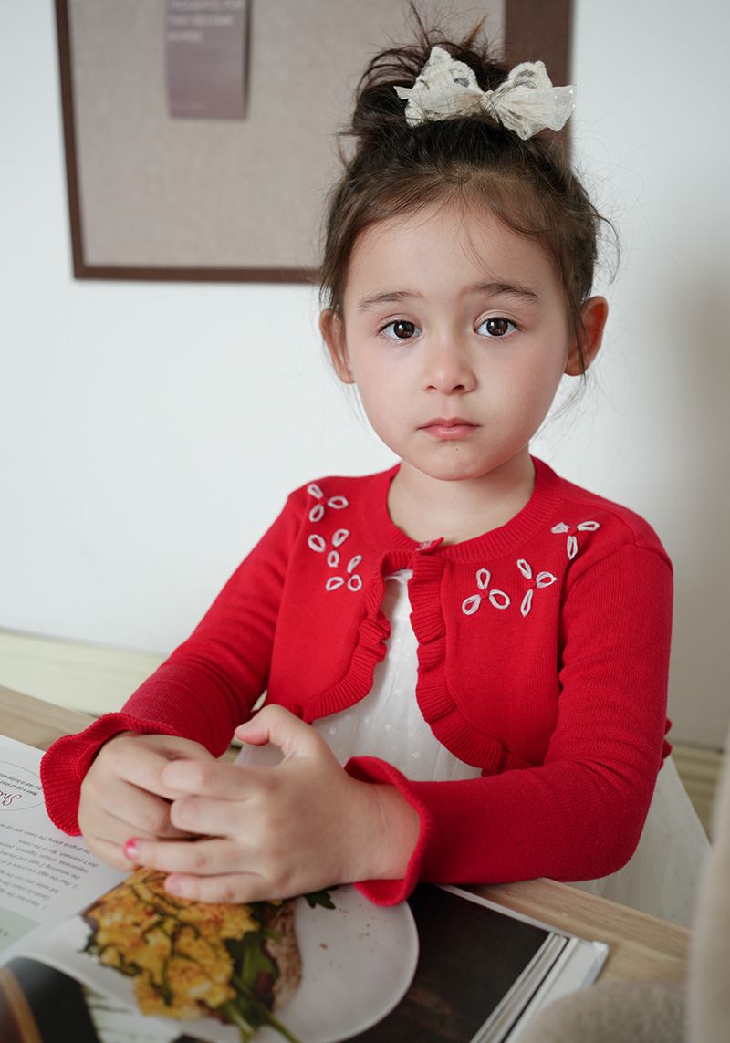 Handgehäkelte Strickjacke mit Blumenmuster für Babys und Kinder, weicher Strickpullover mit Rundhalsausschnitt, eleganter Prinzessinnen-Stil, Rot/Grau/Apricot – 90 cm bis 140 cm_voghion.com