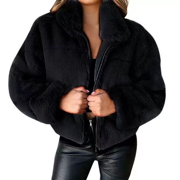 Damenjacke aus Kaninchenfellimitat mit Reißverschluss, eleganter Stehkragen, Mantel-Stil, Winterbluse, ethische pelzähnliche Oberbekleidung_voghion.com