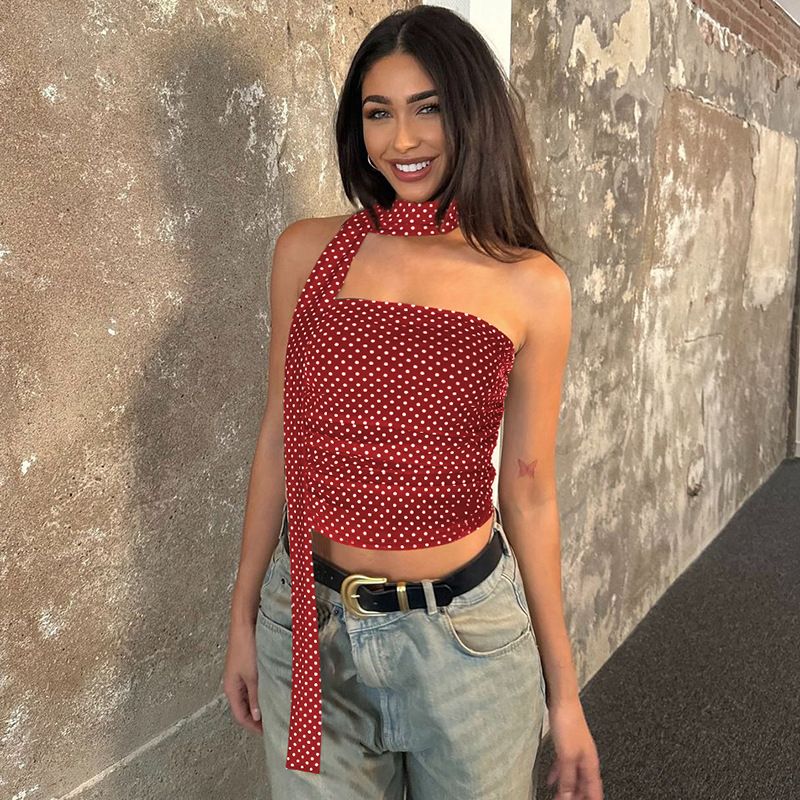 Women's 2025 Spring Summer New Fashion Sexy Polka Dot Print Slim Fit Patchwork Tube Top_voghion.com