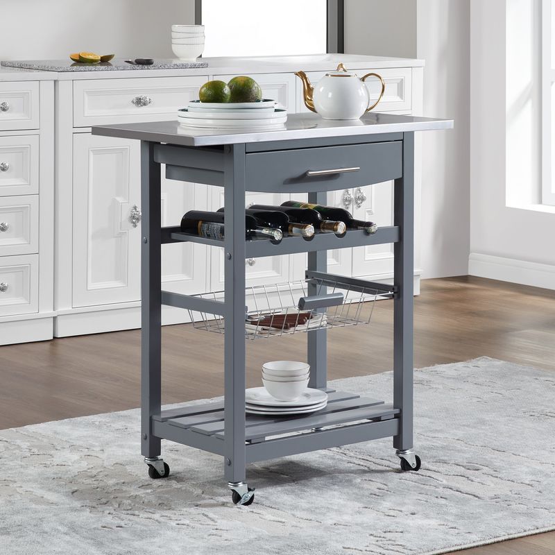 Mobile Rolling Kitchen Island Trolley Serving Cart With Underneath Drawer & Slide-Out Wire Storage Basket_voghion.com