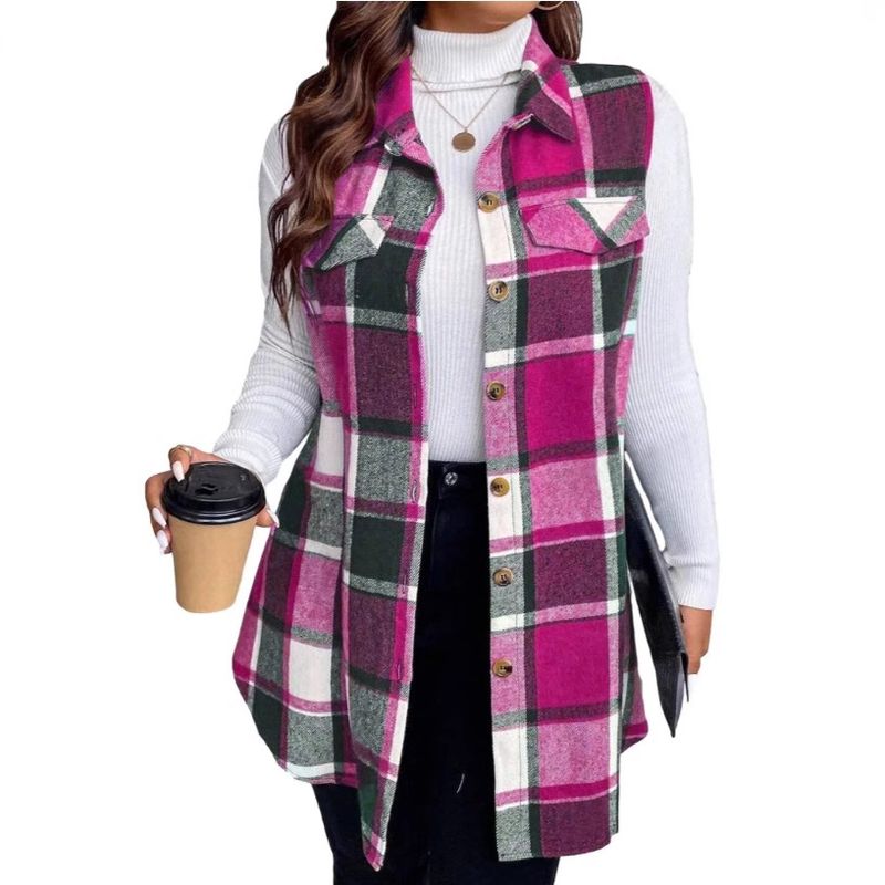 Verve Autumn Winter New Women's Fashion Plaid Sleeveless Turn-down Collar Side Pocket Shirt Vest_voghion.com