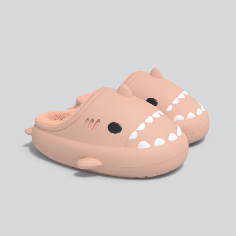 MTX Couple Shark Femmes Hiver EVA Semelle Souple Doublé Polaire Chaud Fourrure Pour Hommes Imperméable Parent-Enfant Coton Chaussons_voghion.com