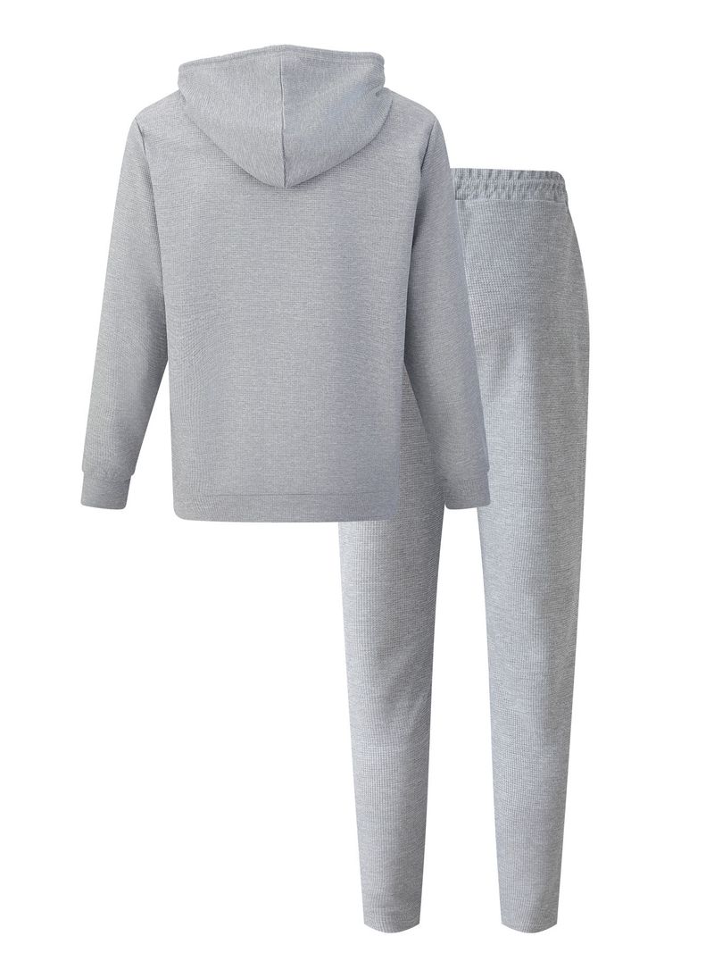 Herenkleding Wafelgebreide hoodie en joggingset - Fleece trainingspak met rits voor de winter, casual loungewear (zwart/grijs/kaki) - S-XXXL_voghion.com