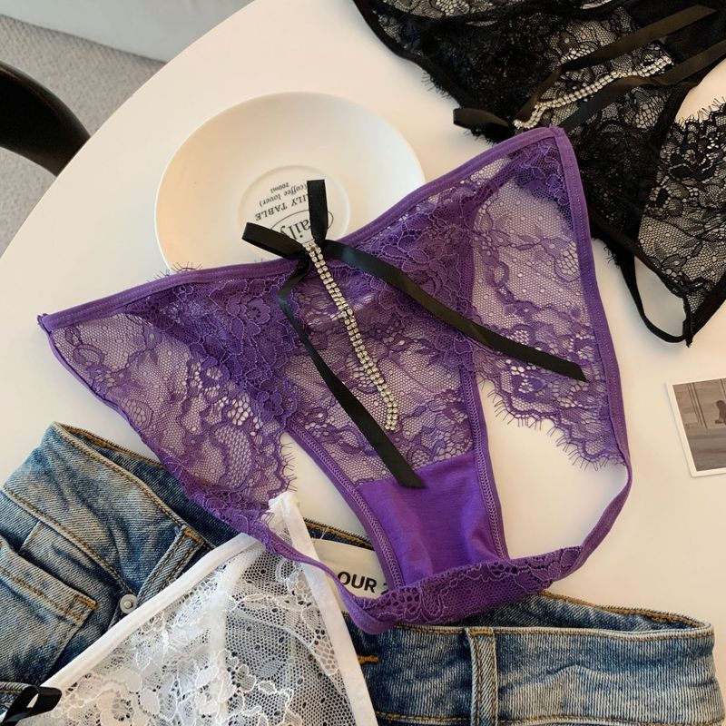 LuvBox, nuove mutandine sexy in pizzo viola in stile giapponese per donna, design di nicchia con strass e catena, cavallo aperto, cavo_voghion.com