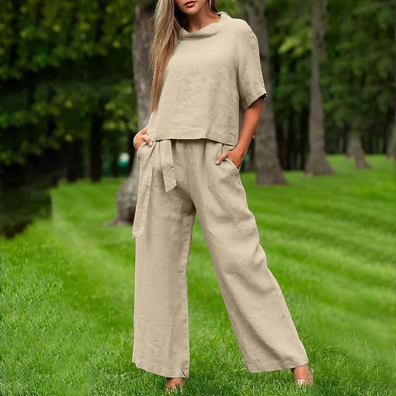Fraen nei Summer Kuerzärmel Ronn Hals Plus Size Dammekleeder Casual Zwee-Stéck Kostümer fir Fraen_voghion.com