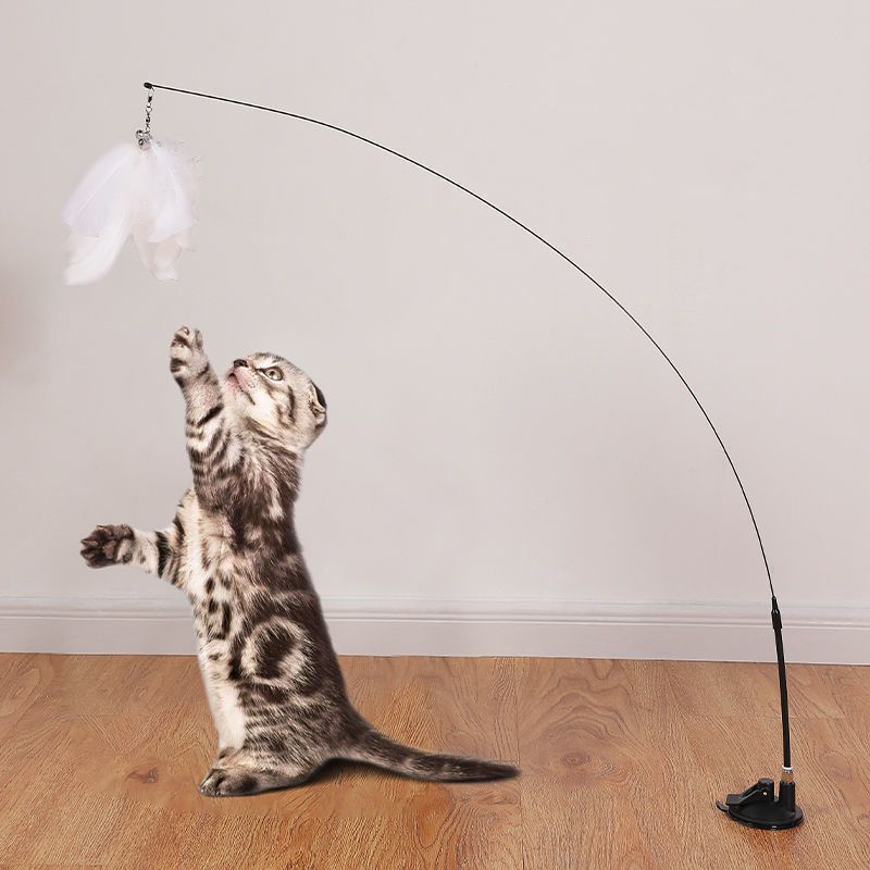 Interactive Cat Toy Handfree Cat Stick Small Bell Extended Rod Suction Cup Durable Bite Replaceable Feather Head Pet Supplies_voghion.com
