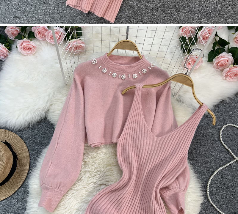 Women's Socialite style round neck beaded high-waisted short navel-baring sweater two-piece hot girl knitted vest dress for women_voghion.com