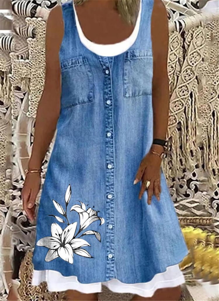 Abito casual senza maniche con scollo rotondo e stampa floreale in denim 2021_voghion.com
