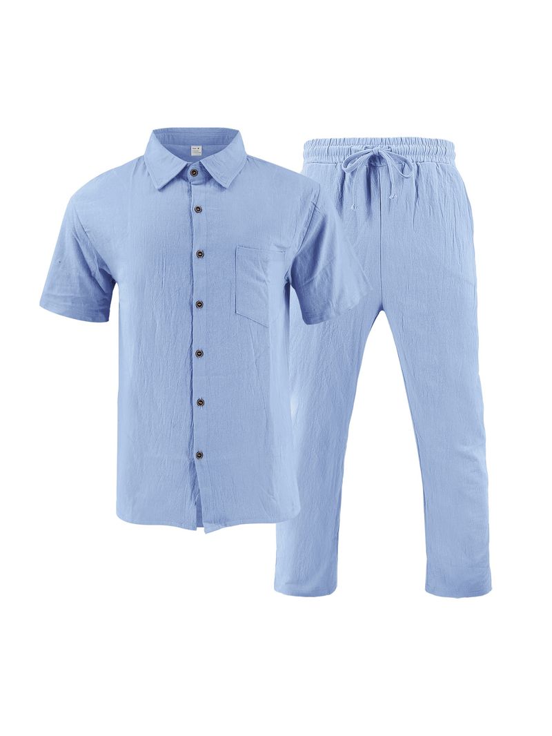 Set de cămașă și pantaloni scurți de plajă din in pentru bărbați, costum casual de vară cu mânecă scurtă_voghion.com