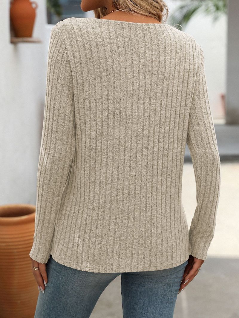 Maglietta casual da donna con scollo a V e bottoni - Maglia a maniche lunghe a coste dalla vestibilità ampia per autunno inverno (nero grigio, rosso vino, verde militare)_voghion.com