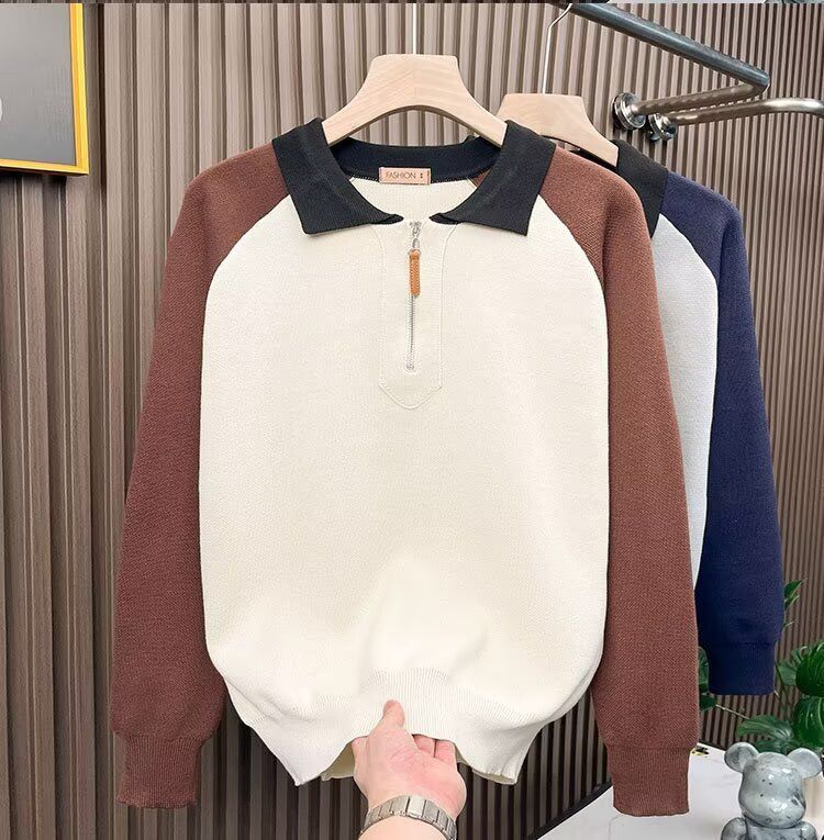 Herren-Pullover im japanisch-koreanischen Hybrid-Stil mit halbem Reißverschluss – Pullover mit kontrastierendem Revers und Polokragen (Gräulich/Aprikose, M-3XL)_voghion.com