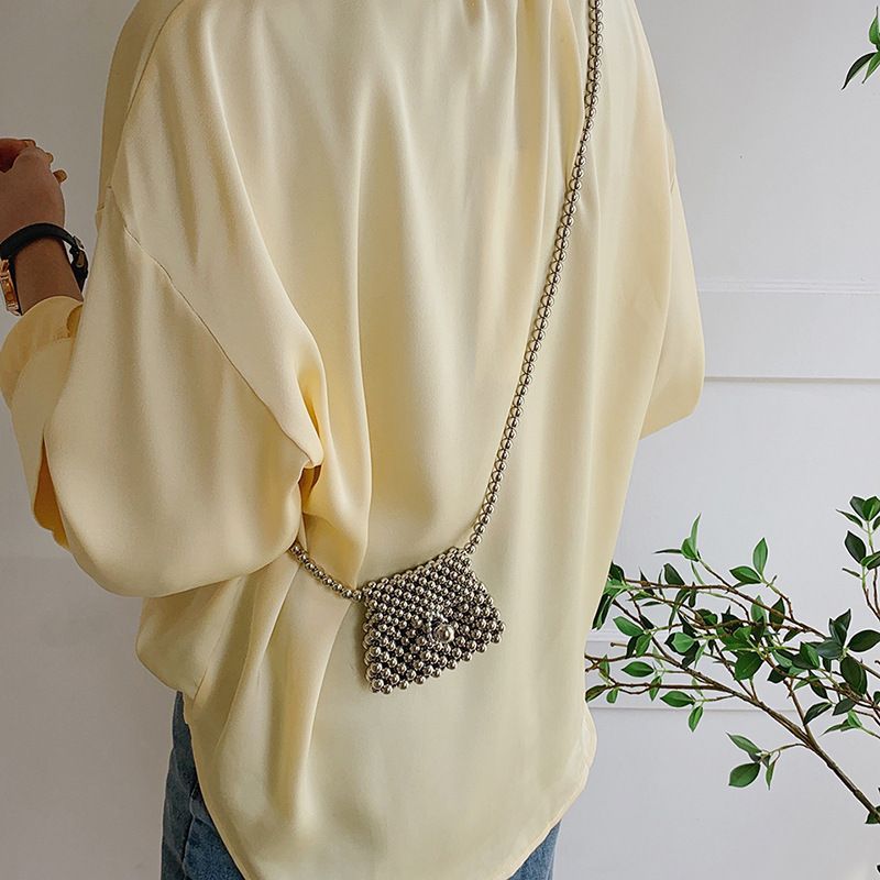 Sac bandoulière haut de gamme pour femme, argenté métallisé, perlé, simple épaule, mini, mignon, accessoire de mode d'été, petit, tendance_voghion.com
