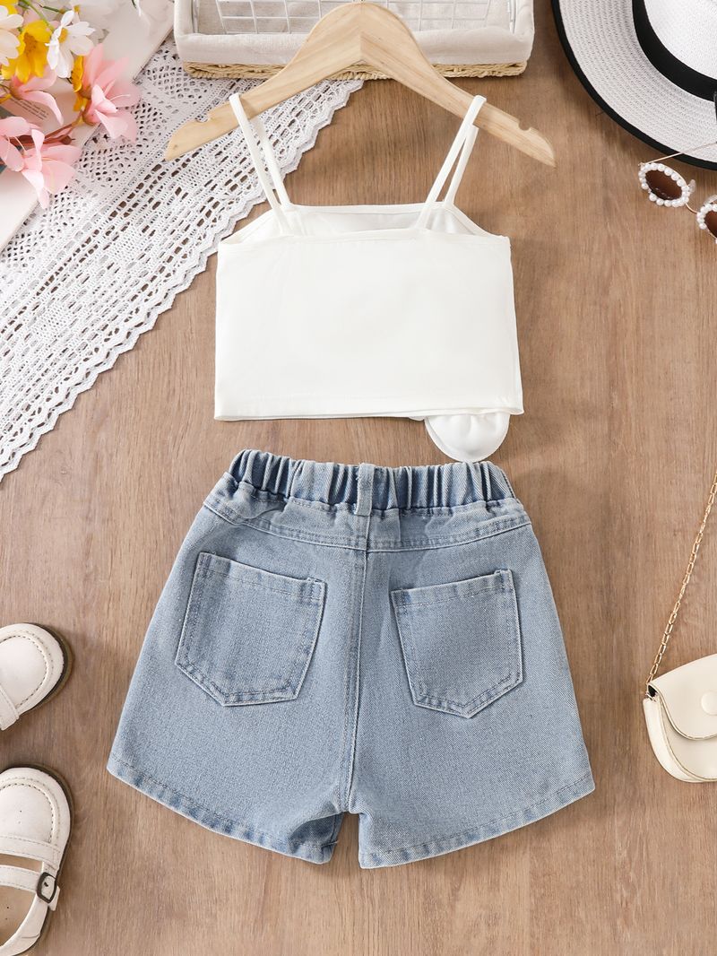 Mädchen 2025 Sommer Heißer Verkauf Neue Dreidimensionale Blume Hosenträger T-shirt Schmetterling Denim Shorts Anzug Für Kleine Und Mittlere Kinder_voghion.com