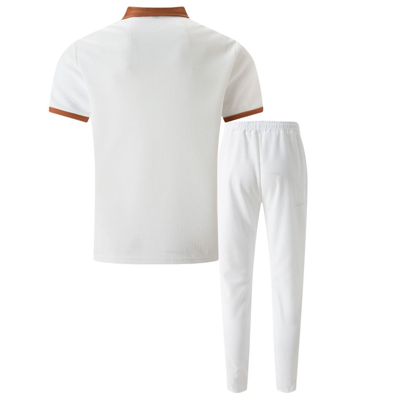 2025 Nieuwe hoogwaardige herenpak wafelstof revers kleurblok korte mouw lange broek tweedelige casual herenkleding_voghion.com