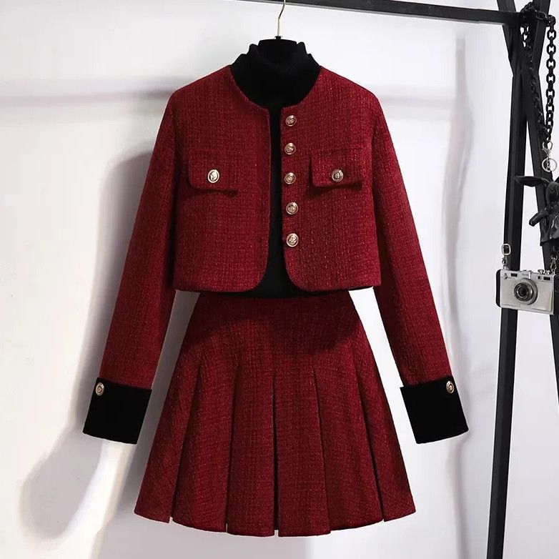 Plus Size Elegant Red Tweed Jacket & Pleated Skirt Set - Spring Outfit For Petite Women_voghion.com