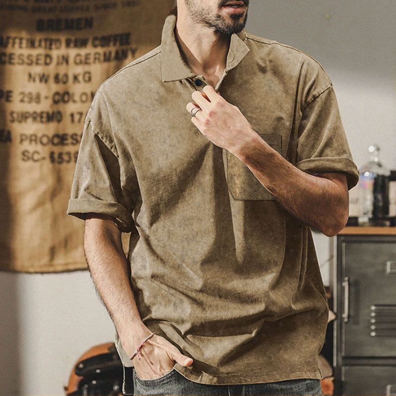 Sommer Neue Herren Gewaschene Turn-Down Kragen Button T-Shirt Übergröße Vintage Casual Kurzarm_voghion.com