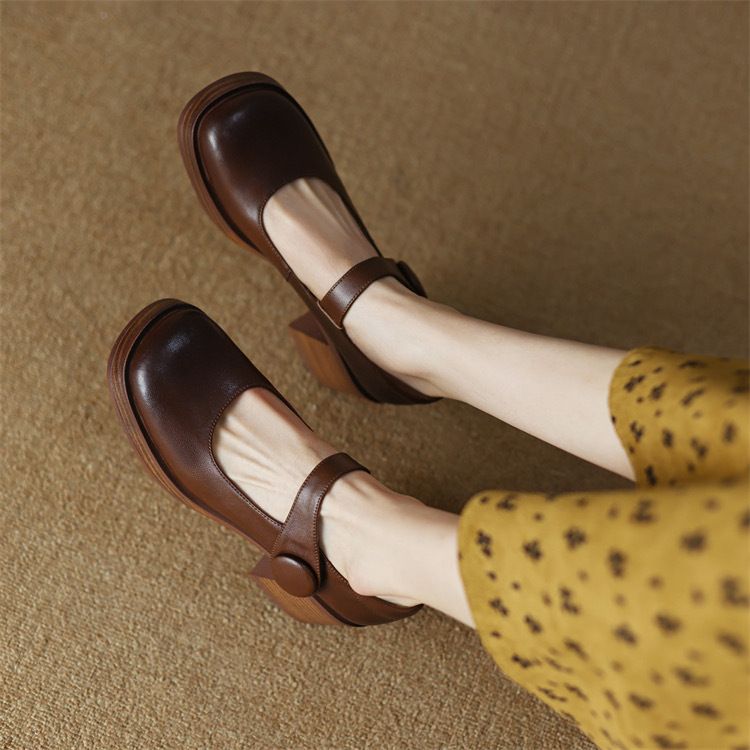 Treasure Of The Store: Super Comfortable Color-Block Strap Chunky High Heels Mary Jane Women's Leather Shoes_voghion.com