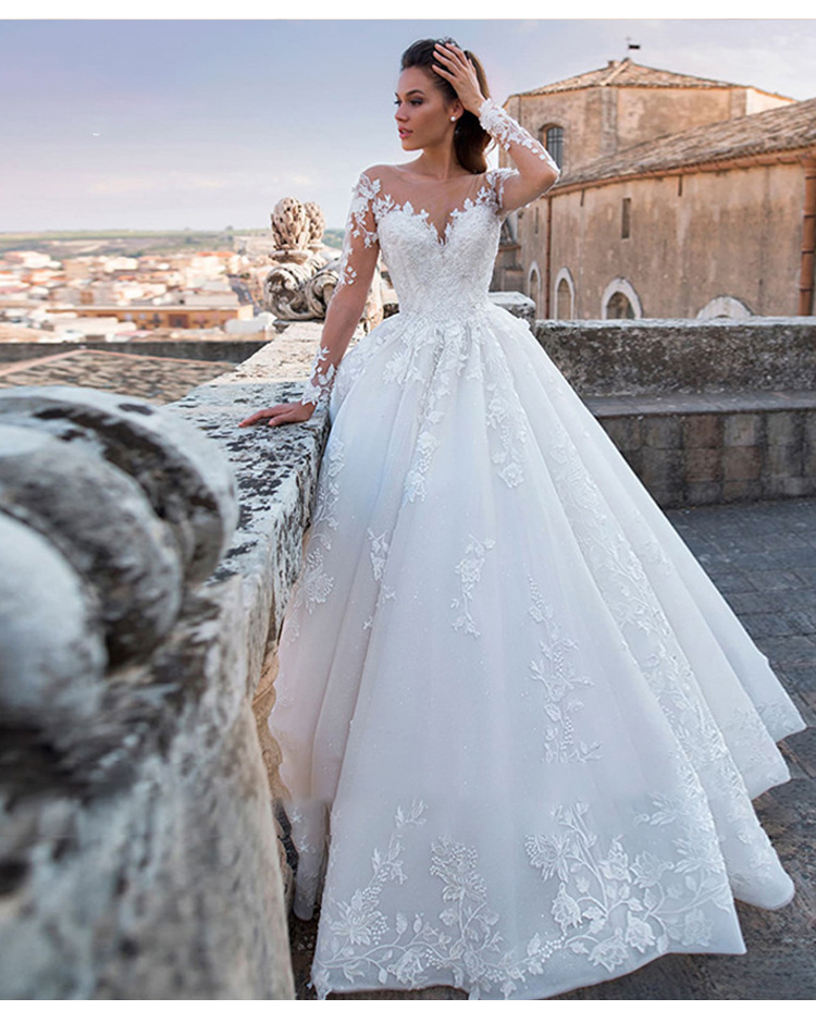 Vestido de novia para mujer, vestido de novia nuevo con escote en V y cola grande, vestido de novia retro sexy de tul con mangas largas_voghion.com