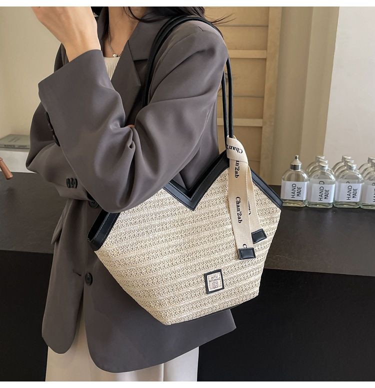 Damen-Einkaufstasche, große Kapazität, gewebte Strohtasche, große Kapazität, Umhängetasche für den Strandurlaub, Pendler-Einkaufstasche_voghion.com