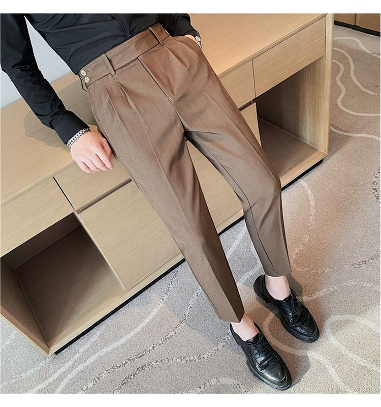 Pantaloni napoletani da uomo nuovi di zecca, in twill strutturato, con vita a pieghe, design casual a nove punte, vita media e alta_voghion.com