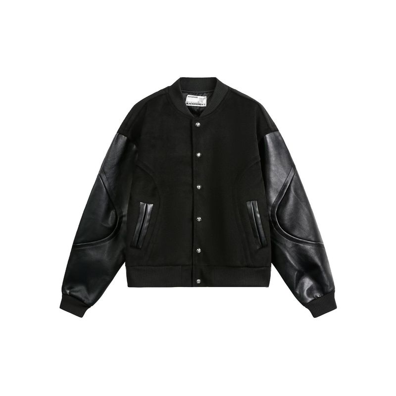 Herren Retro PU-Leder Baseballjacke – Übergroßer Biker-Stil mit Patchwork-Design (M-XXXL, Schwarz)_voghion.com