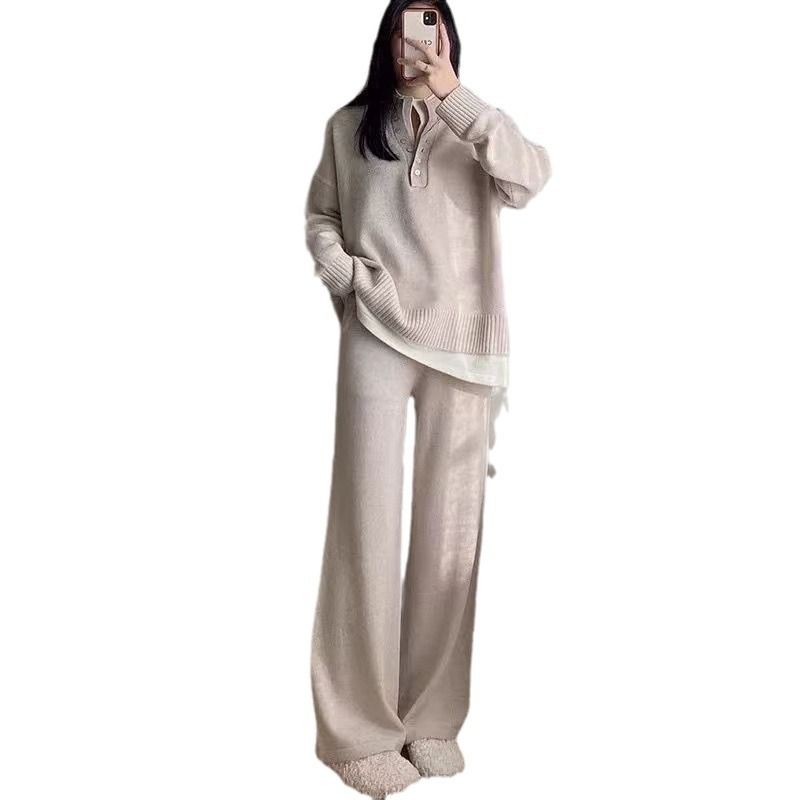 Trendy Youthful Sports Outfit 2025 Spring Autumn Women's Knitted Sweater Wide-Leg Pants Casual Two-Piece Set_voghion.com