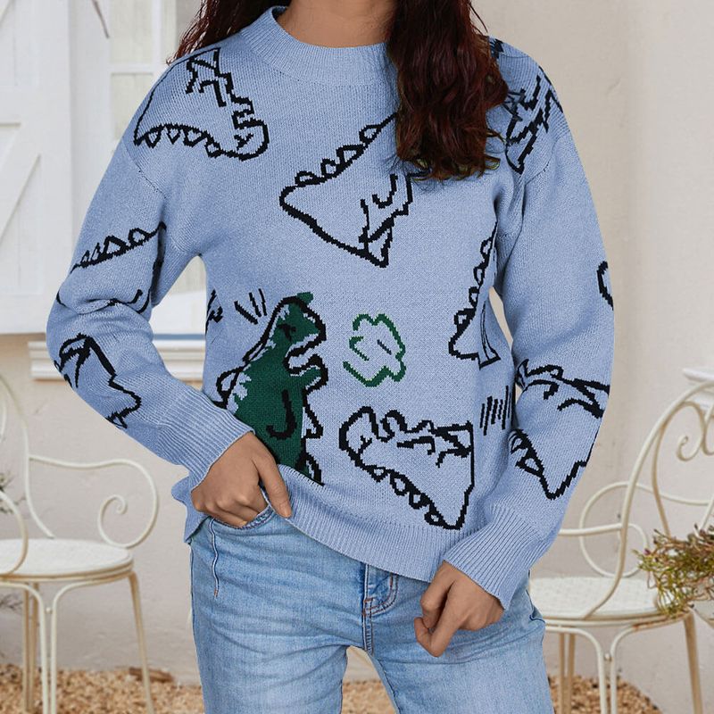 Women's Clothing long sleeved sweater autumn and winter new round neck loose cartoon dinosaur sweater_voghion.com